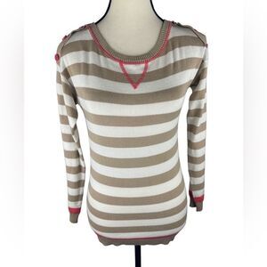 T/O Sweater  cream‎ Brown Striped Crewneck Pullover w pink detail  Size: XS